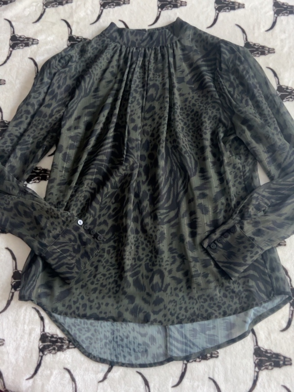 Another Love Olive Animal Print Metallic Sheer Mock Neck Blouse S